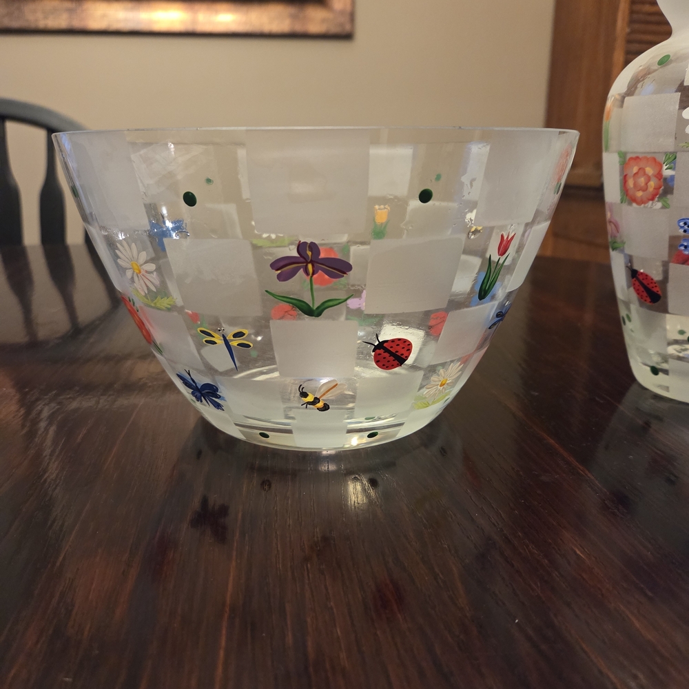 Lenox Frosted Glass Bowl with Colorful Floral Accents
